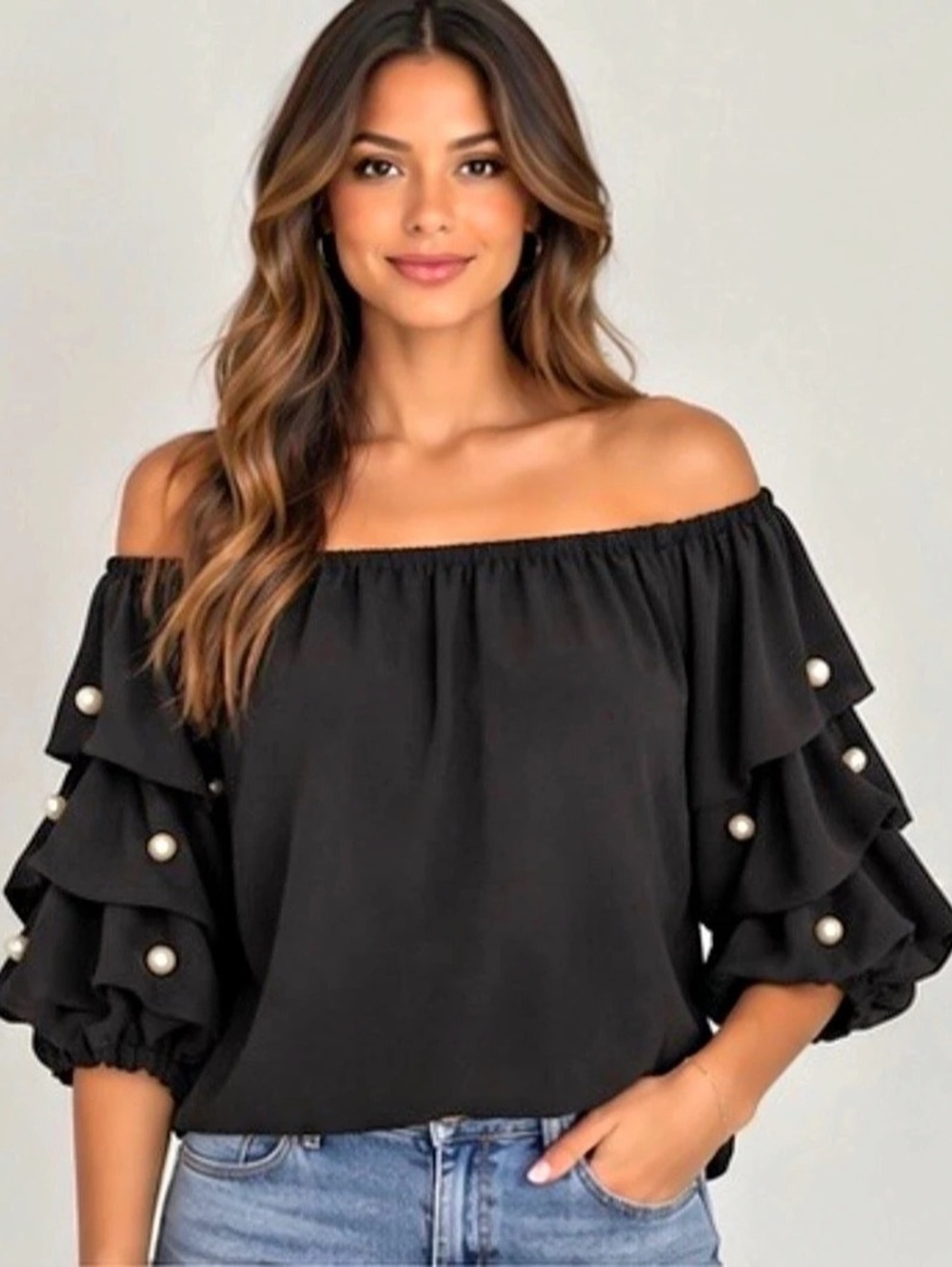 CeCe Black Pearl Ruffle Sleeve Blouse Size L NWOT Off Shoulder Top